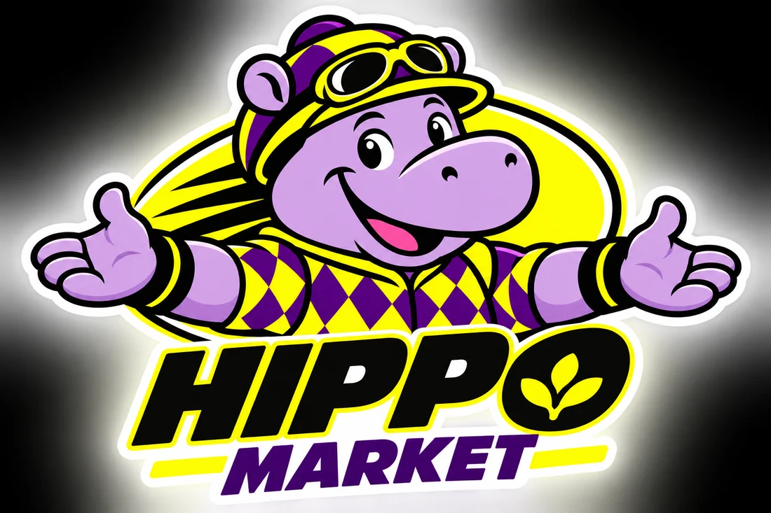 HIPPO MARKET — mascotte hippopotame en tenue de jockey, bras ouverts